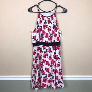 LOFT Women’s Floral Print Defined Waist Pleated Sleeve A-Line Dress